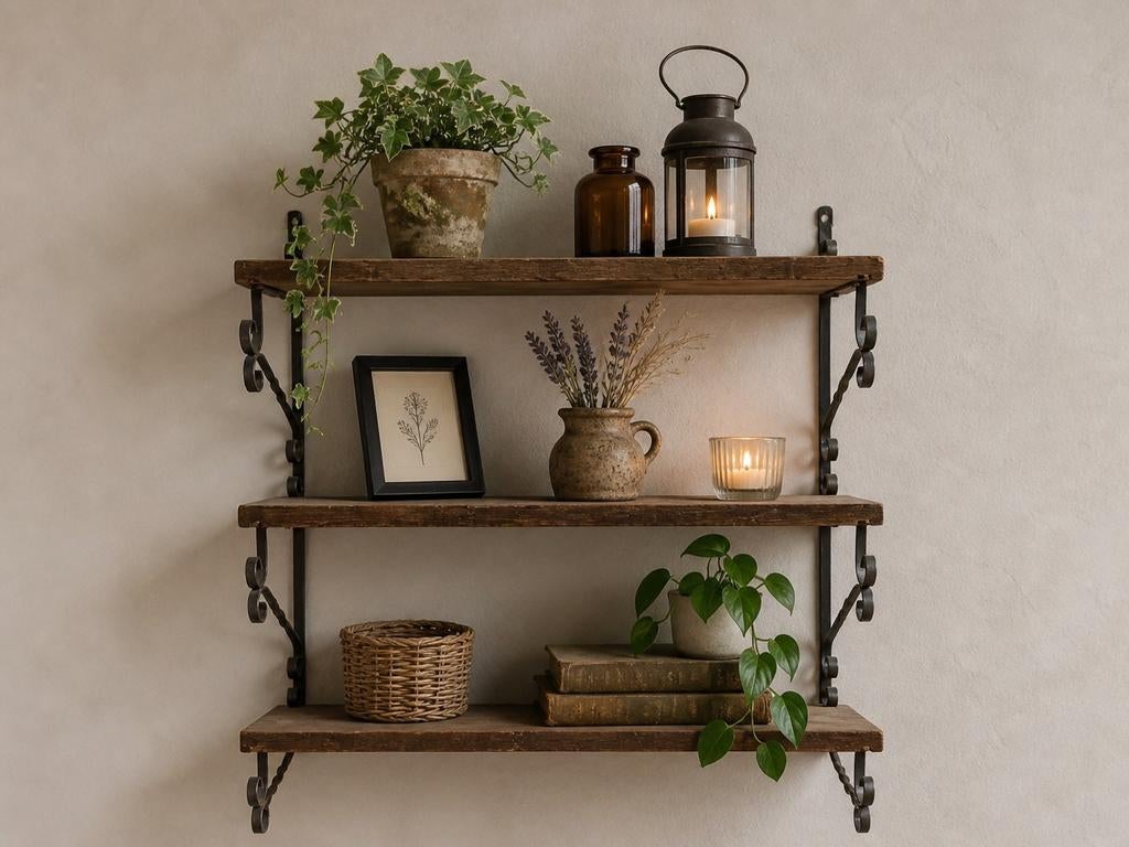 Vintage wandrekje met houten planken en smeedijzeren steunen, Huis en Inrichting, Woonaccessoires | Wandplanken en Boekenplanken