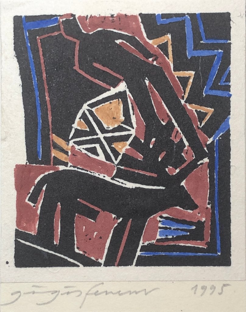 Ferenc Gögös (1936-2011) Kleurenhoutsnede ‘Figuur met hert, Antiek en Kunst, Ophalen of Verzenden