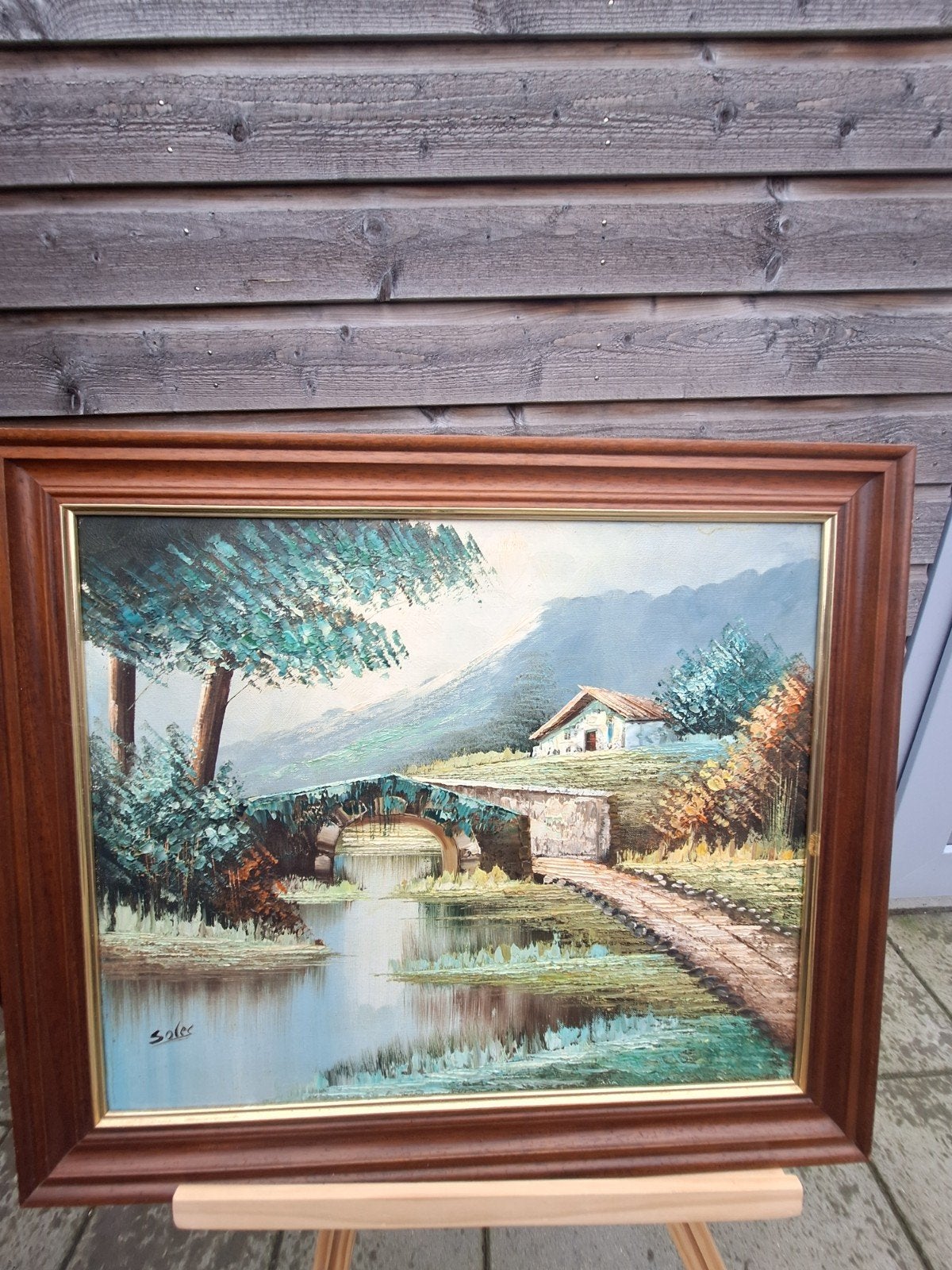 Schilderij Soler: Landschap met huis en brug, Antiek en Kunst, Kunst | Schilderijen | Klassiek, Ophalen of Verzenden