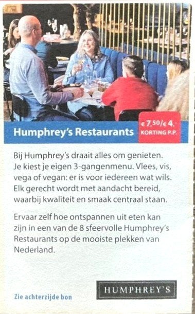Humphrey's Restaurants kortingsbon, Tickets en Kaartjes, Drie personen of meer, Kortingsbon, Overige typen