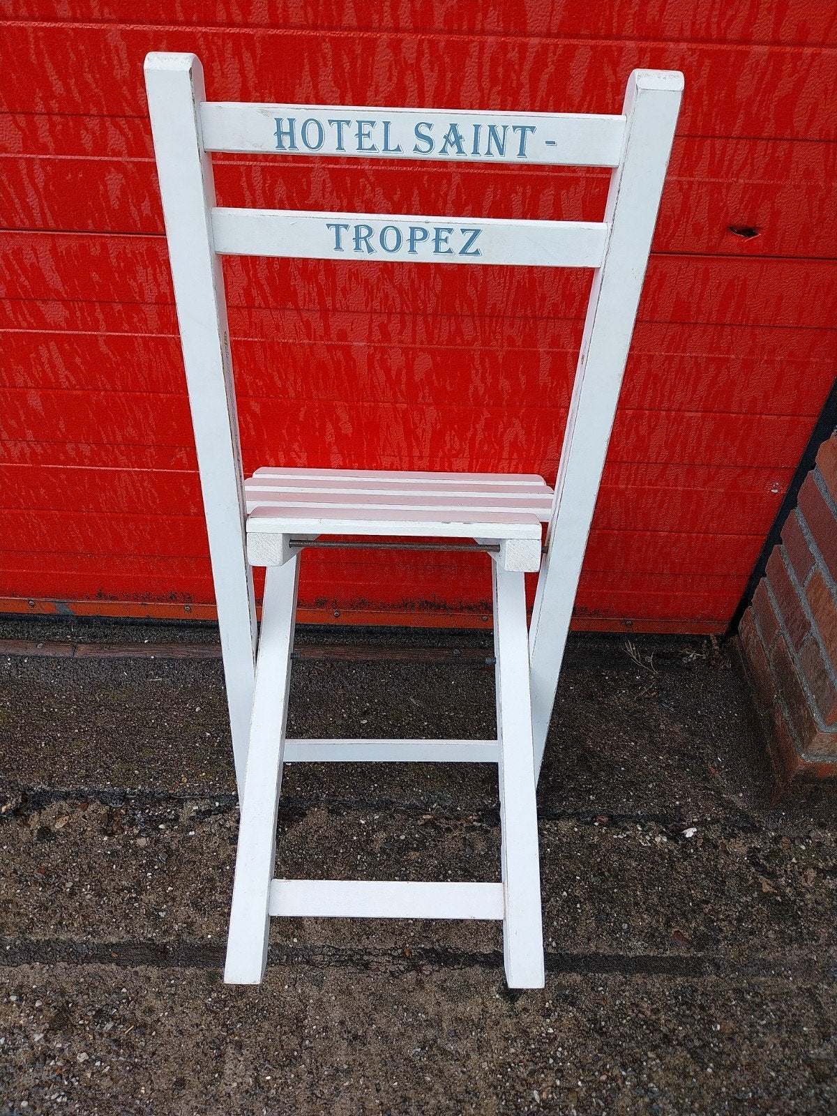Opklapbare houten bistrostoel "Hotel Saint-Tropez", Huis en Inrichting, Stoelen, Ophalen, Gebruikt, Wit, Bistro, Vintage, Mediterraan