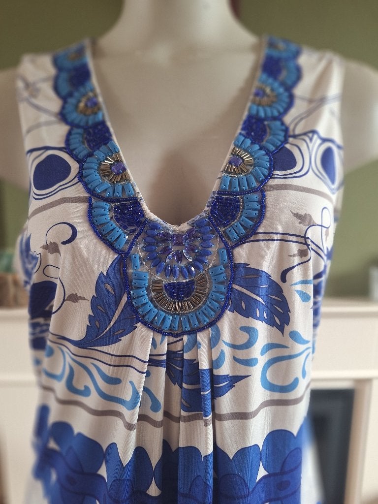 K-Design top tuniek blauw witte mooie halslijn L, K-design, Maat 42/44 (L), Zo goed als nieuw, Verzenden
