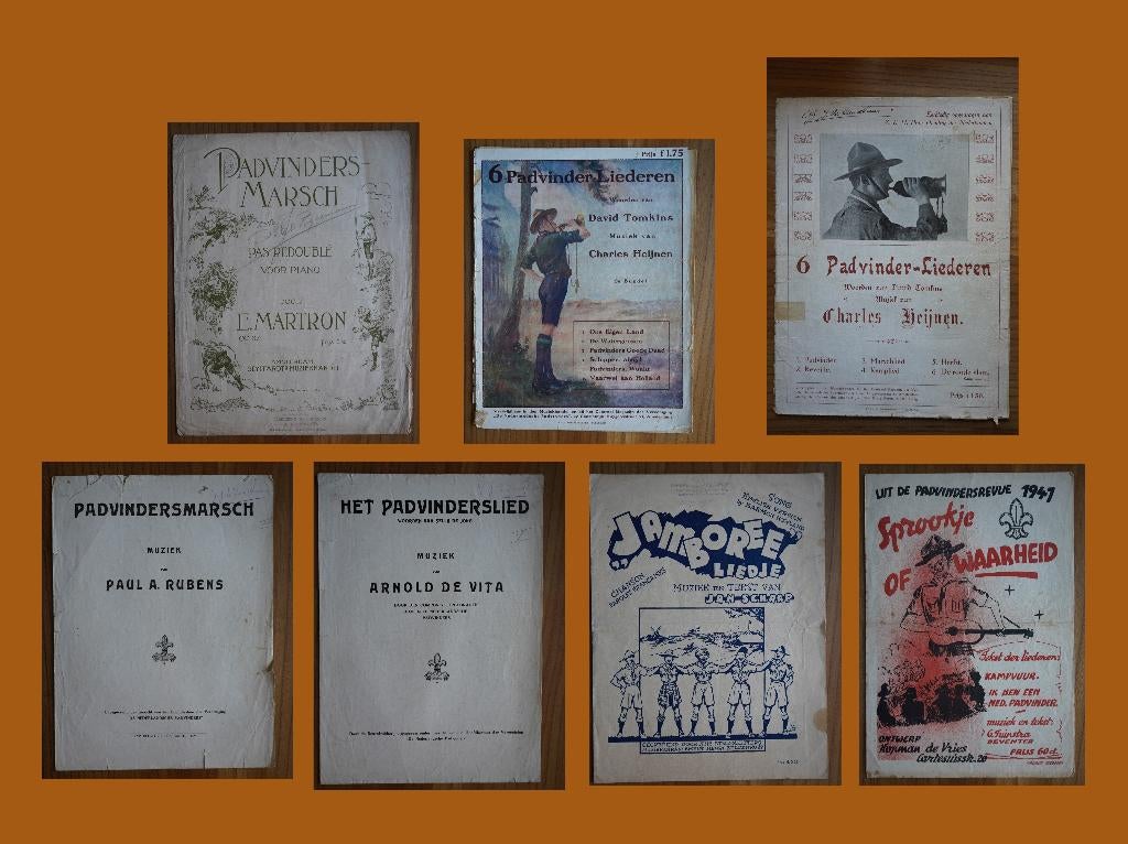 padvinderij scouting bladmuziek 7 stuks  1918 - 1947, Ophalen of Verzenden, Gebruikt, Embleem, Speld of Insigne
