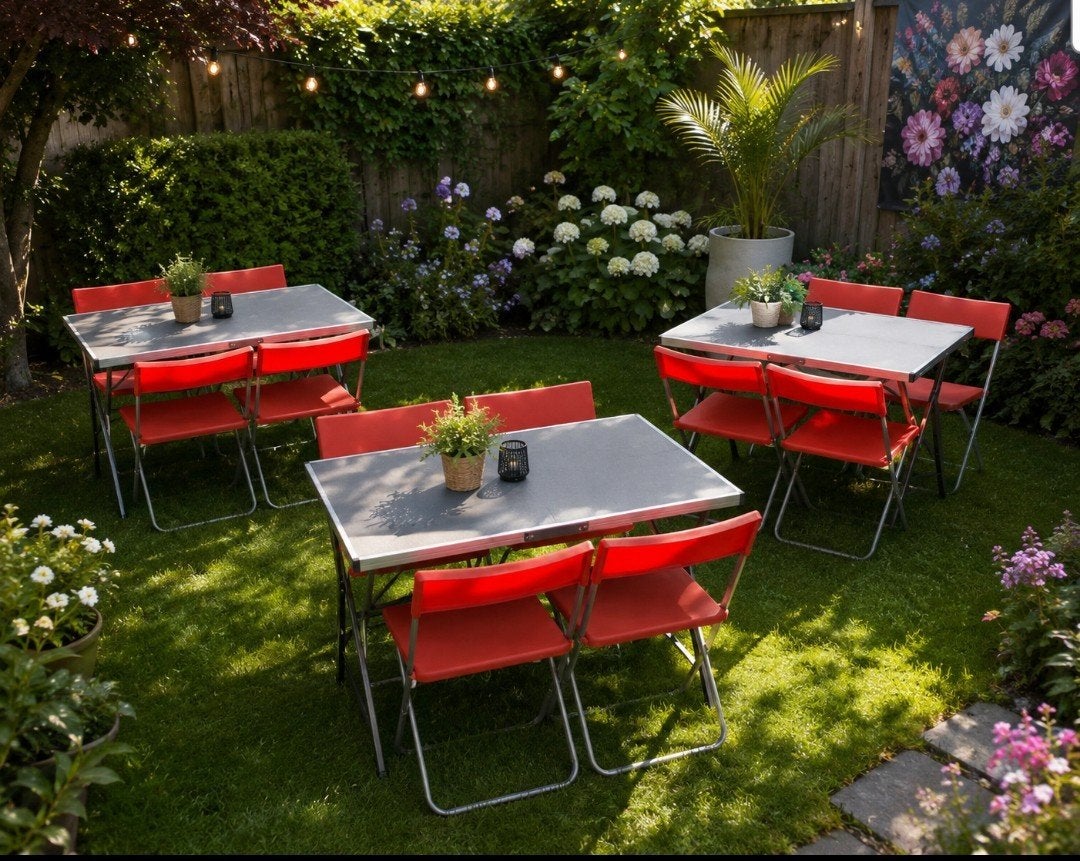 3 tafels en 10 rode klapstoelen te huur voor €50, Tuin en Terras, Ophalen, 2 zitplaatsen