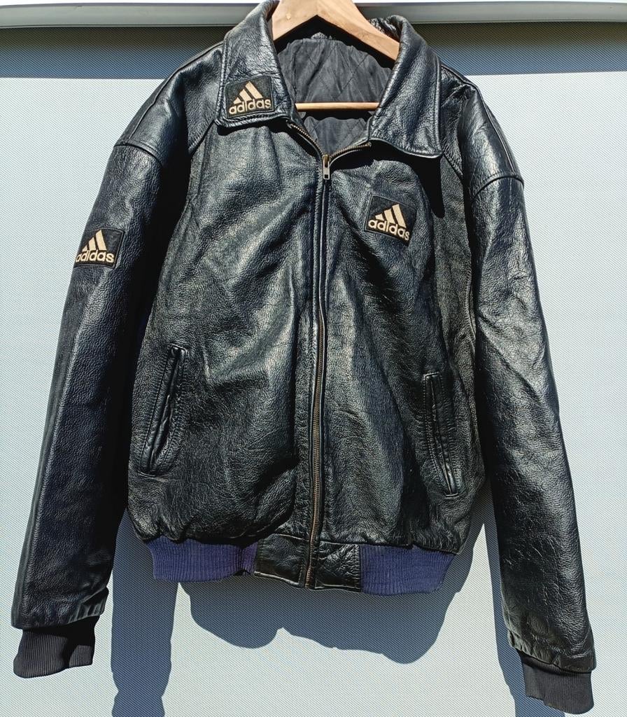Unieke Vintage Adidas Lederen Jas Jaren '80 - Maat XL, Zwart, Maat 56/58 (XL), Ophalen of Verzenden, Adidas