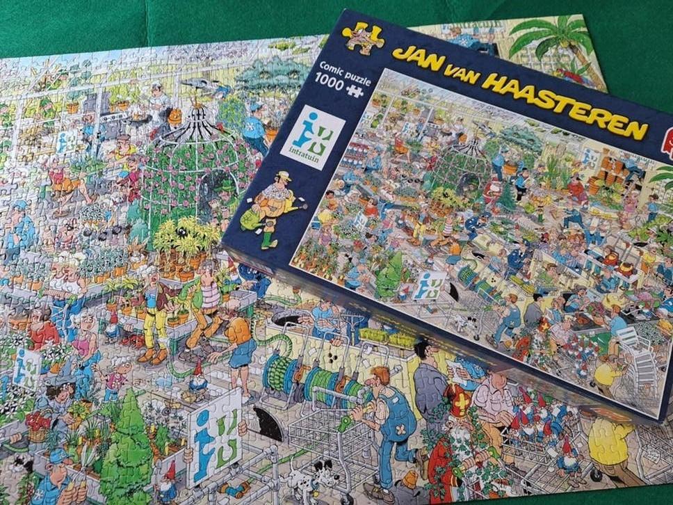Jan Van Haasteren puzzel Tuincentrum 1000 stukjes, Ophalen of Verzenden, 500 t/m 1500 stukjes, Zo goed als nieuw, Legpuzzel