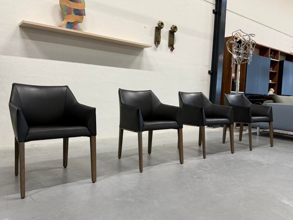 4 Leolux Pyrite eetkamerstoel zwart leer design stoel, Leolux, Zwart, Leer, Ophalen of Verzenden