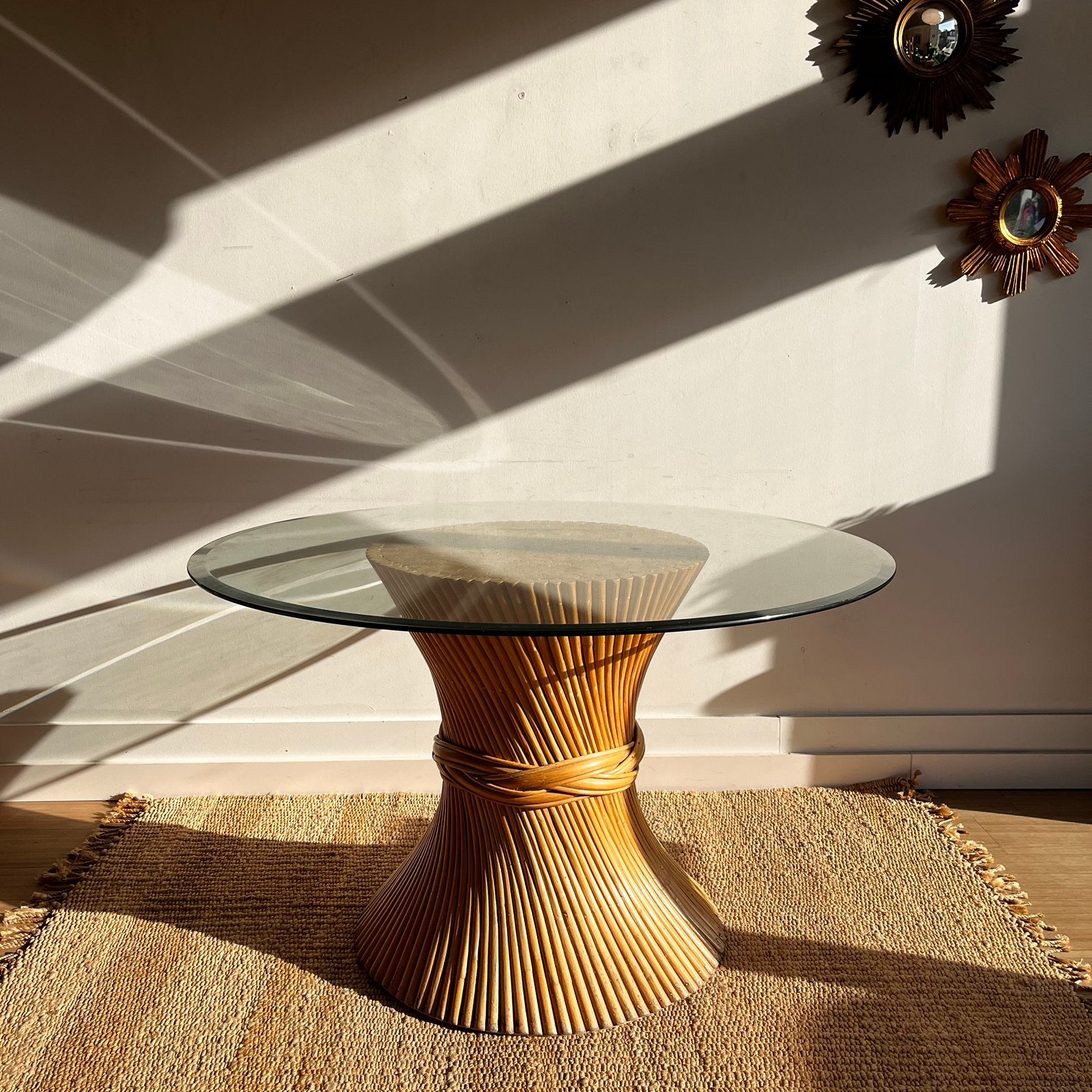 Bamboe Rotan Eettafel McGuire Vintage Jaren 70, Ophalen, 100 tot 150 cm, Rond, 50 tot 100 cm