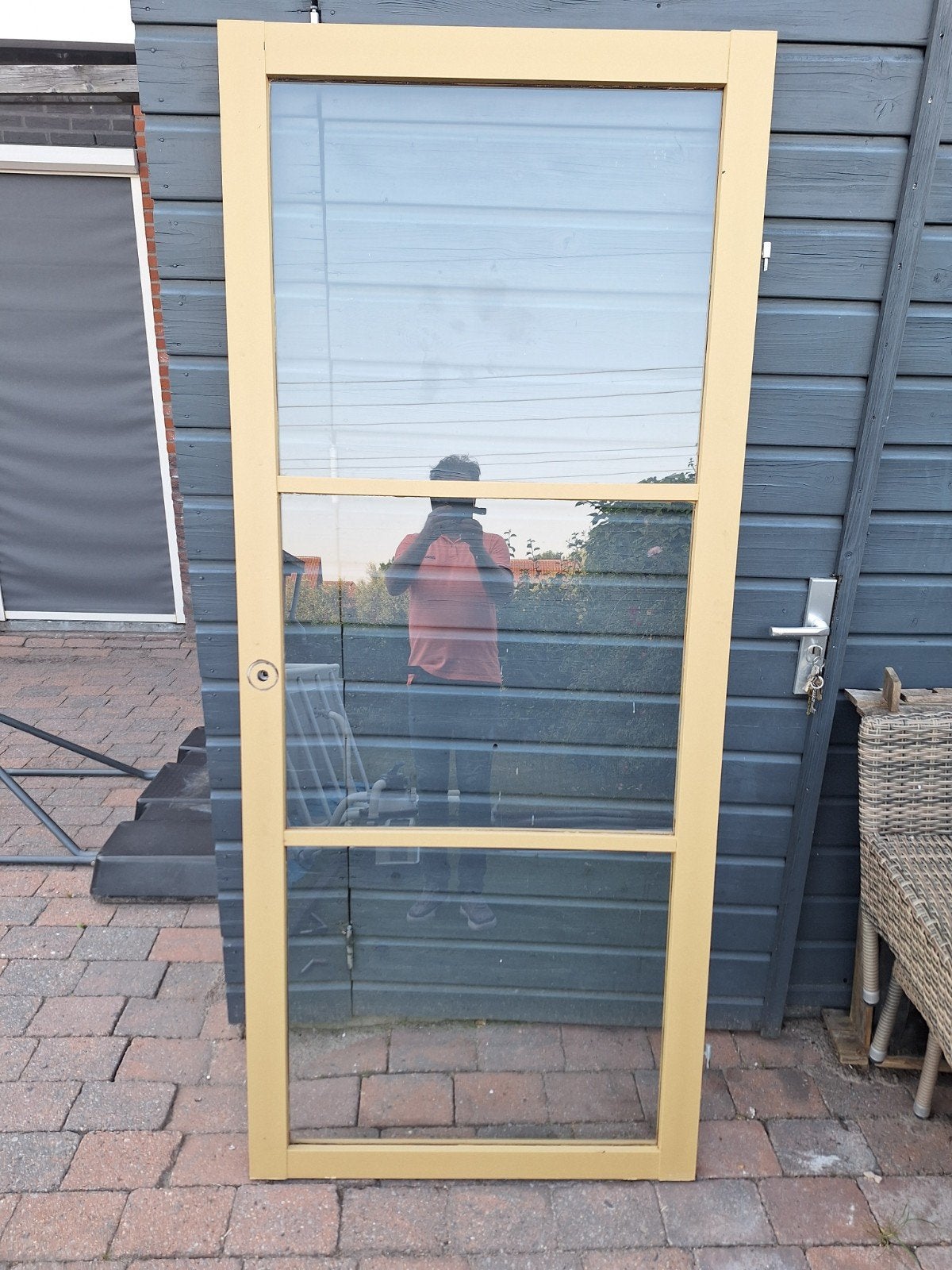 Opdek deur met glas, geel, 211x88 cm, Gebruikt, 80 tot 100 cm, Hordeur, Ophalen of Verzenden