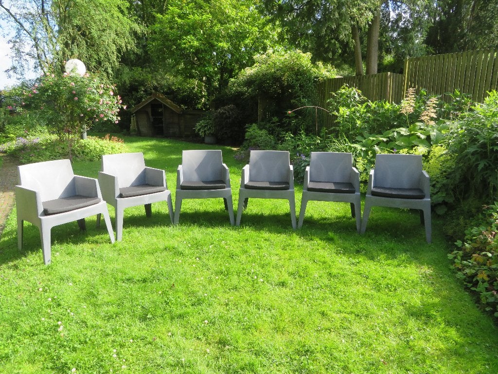 Box terrasstoelen 6 stuks met kussens, Tuin en Terras, Tuinstoelen, Ophalen, Gebruikt, Kunststof, Stapelbaar