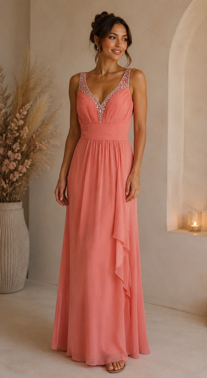 Elegante zalmrose avondjurk met steentjes, maat S, Galajurk, Ophalen of Verzenden, Zo goed als nieuw, Roze