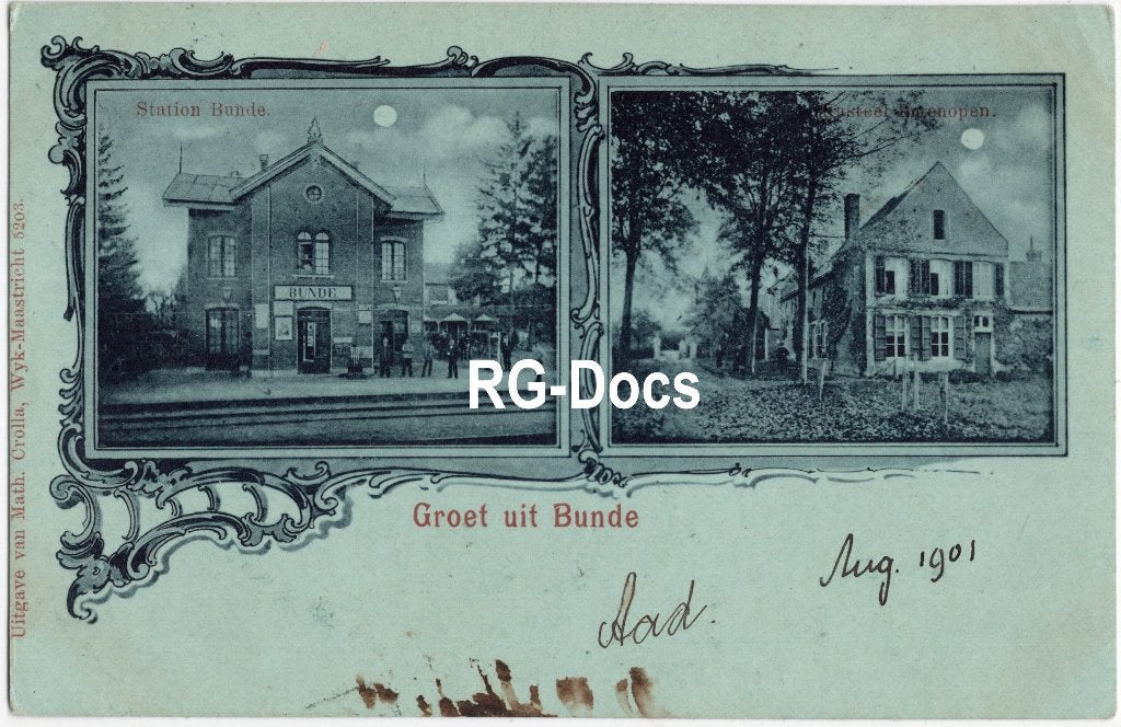 Ansichtkaart - Briefkaart Trein Station Bunde 1901, Verzamelen, Ophalen of Verzenden, Voor 1920, Gelopen, Limburg