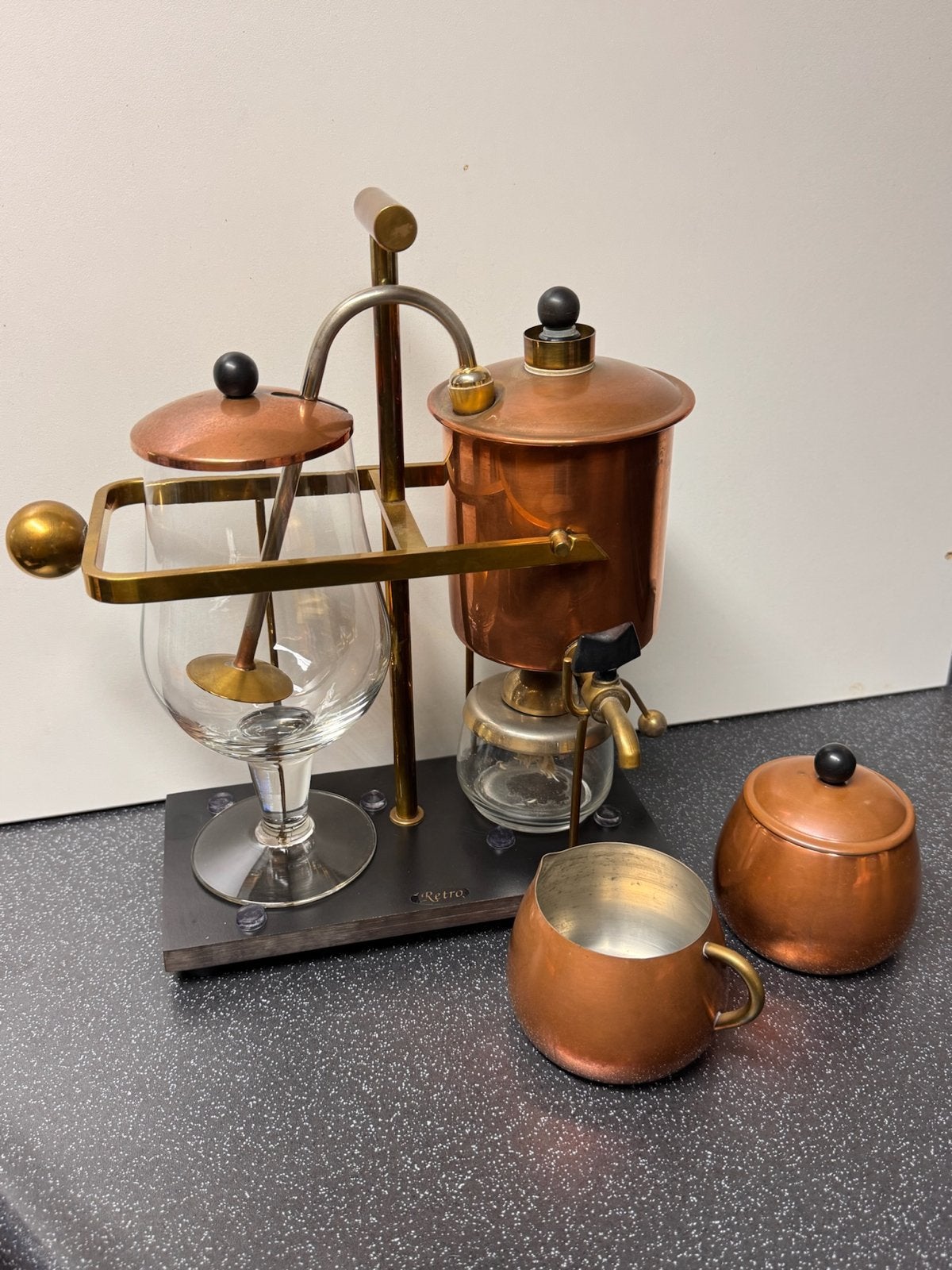 Retro koperen koffiezetapparaat met met melk & suikerstel, Huis en Inrichting, Ophalen, Metaal, Meerkleurig, Overige merken