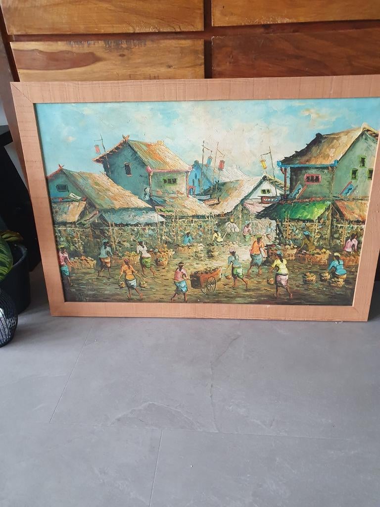 Schilderij Indonesische Marktscène - Olieverf op doek, Ophalen of Verzenden
