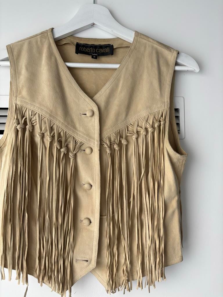 Roberto Cavalli Leren Gilet met Franjes, zandkleur, maat S, Ophalen of Verzenden, Gedragen