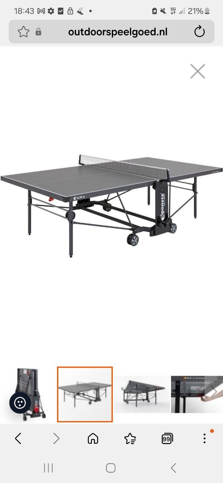 Sponeta S4-70e Outdoor Tafeltennistafel - Weerbestendig, Sport en Fitness, Tafeltennis, Ophalen, Gebruikt, Tafel Outdoor, Verrijdbaar