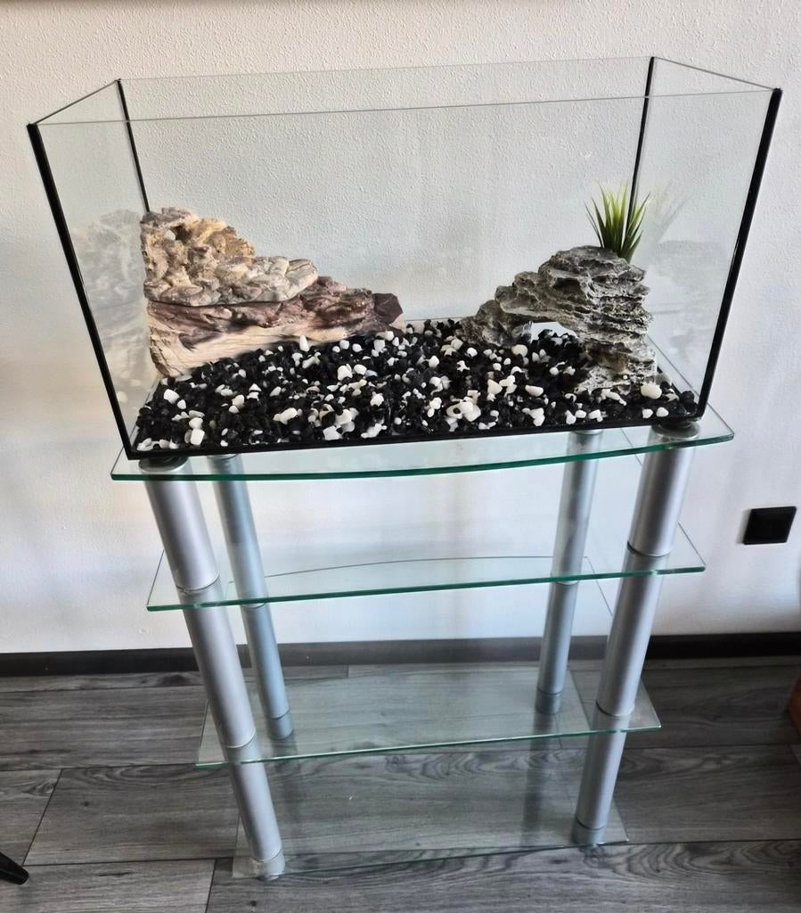 Mooie schildpadden bak met glazen meubel en ornamenten., Dieren en Toebehoren, Ophalen