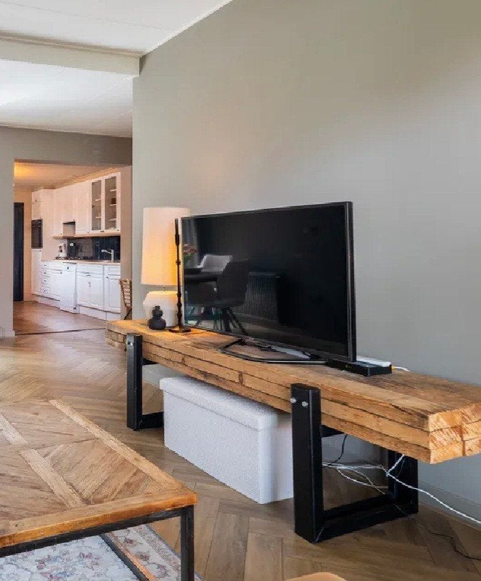 tv meubel hout staal industrieel, Ophalen, Zo goed als nieuw, 200 cm of meer, Minder dan 100 cm