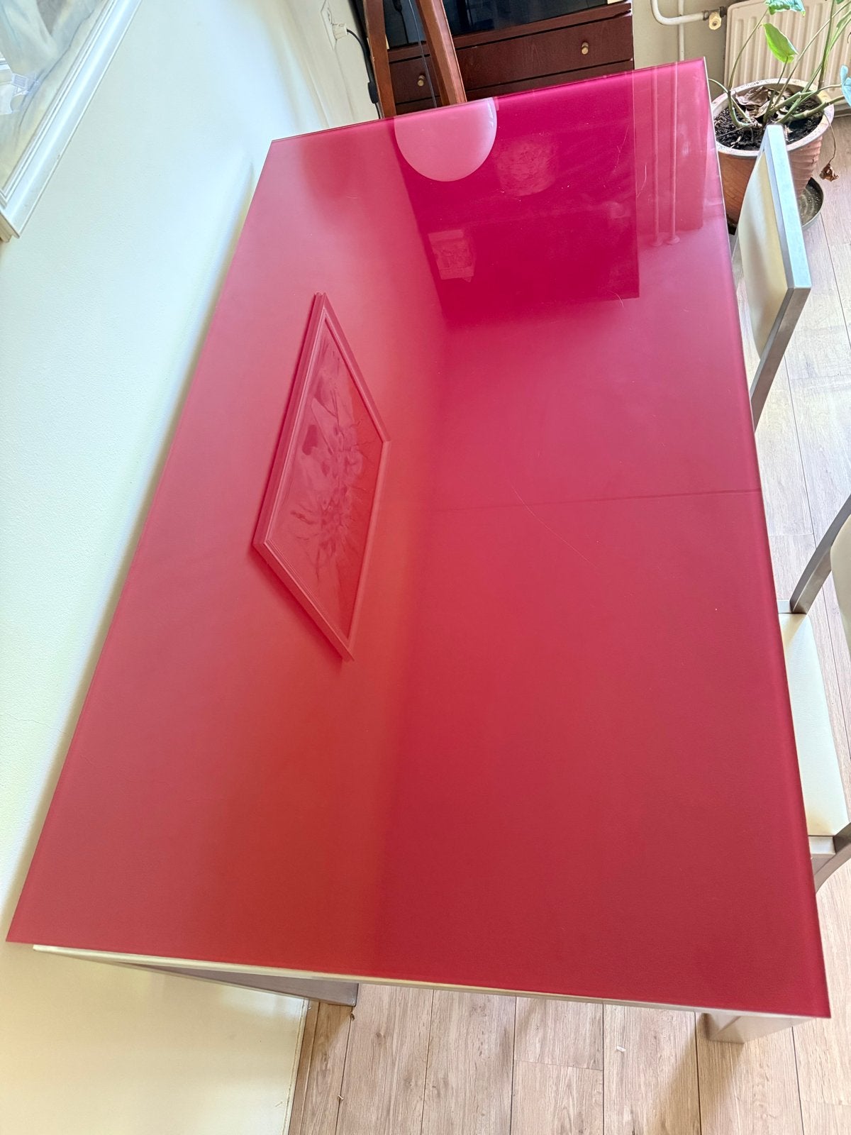 Bartafel RVS en Glas met 4 Crèmekleurige Lederen Krukken, Ophalen, Gebruikt, 50 tot 100 cm, 150 tot 200 cm