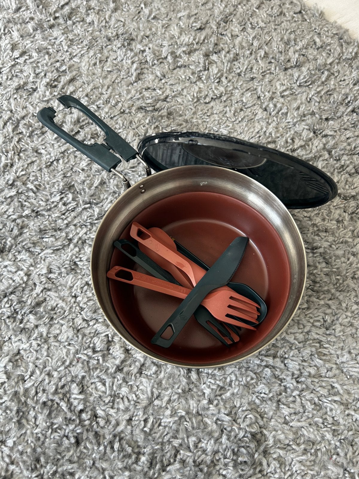 Camping kookset met bestek en pan, Ophalen, Gebruikt