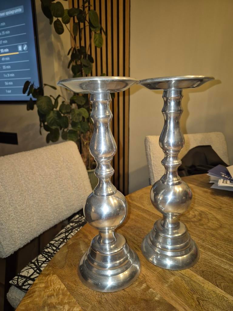 Set van 2 zilverkleurige kaarsenstandaards Xenos 32cm, Gebruikt, Overige kleuren, 25 tot 50 cm, Ophalen of Verzenden