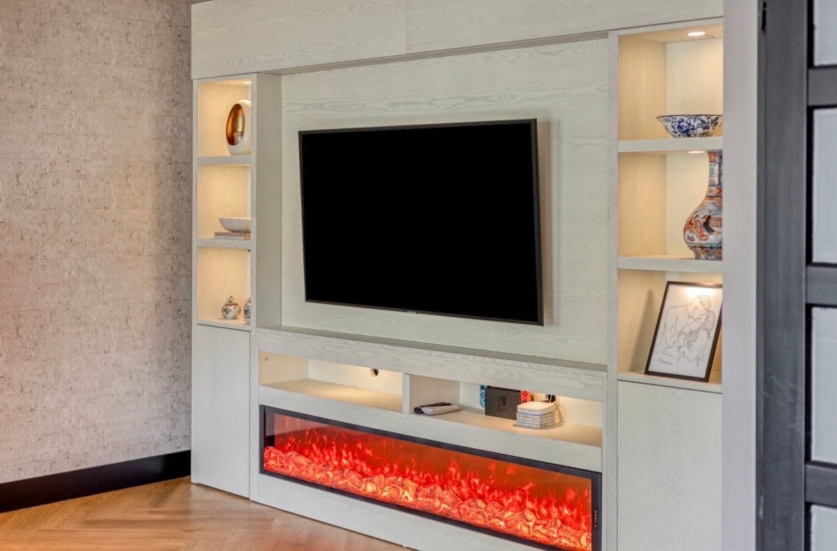 Moderne tv-kast met geïntegreerde sierhaard / cinewall, Huis en Inrichting, Ophalen, Zo goed als nieuw, 200 cm of meer, 150 tot 200 cm