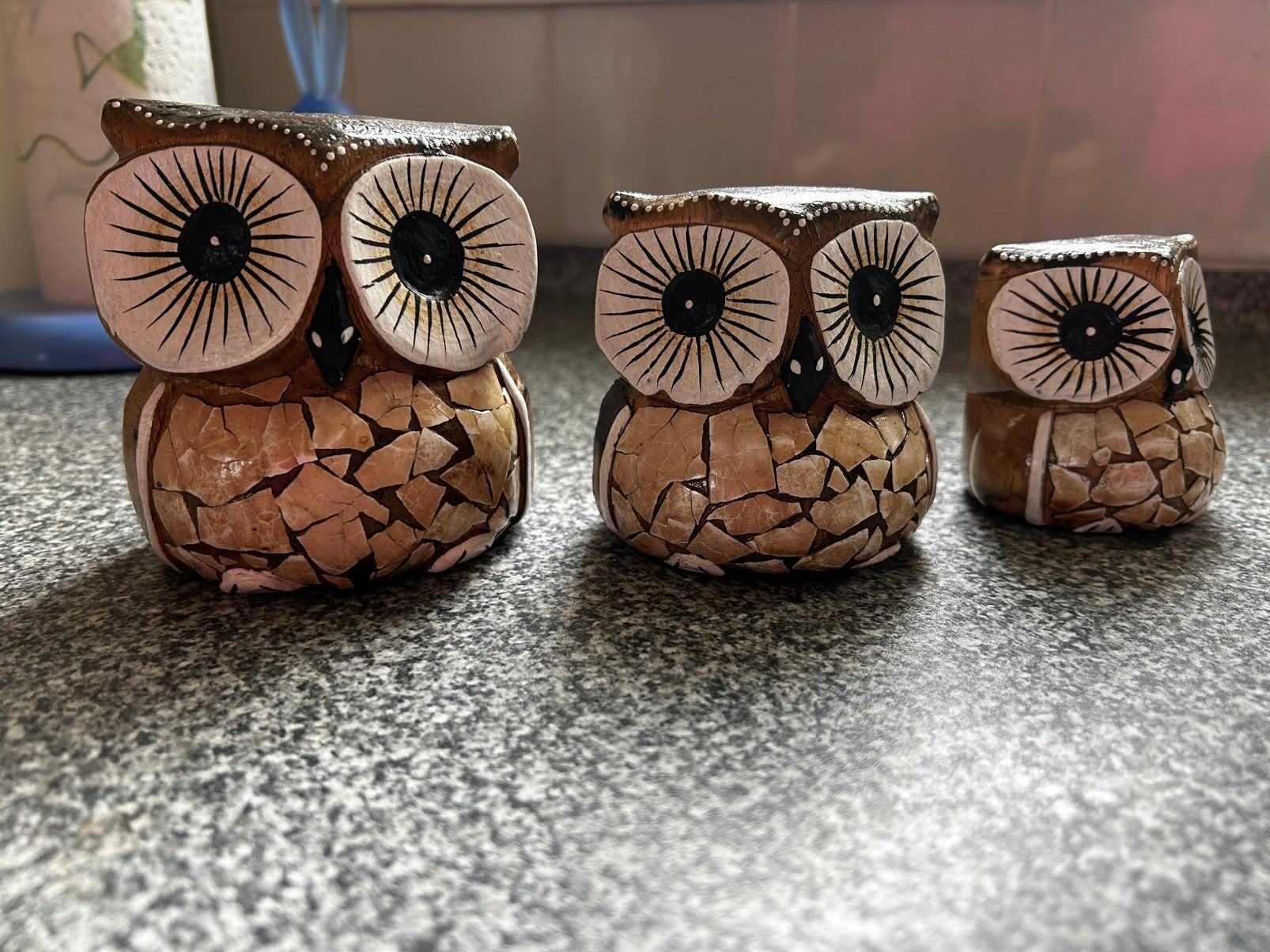 Setje van 3 uilen uiltjes (denk gemaakt van hout), Ophalen of Verzenden, Zo goed als nieuw, Dier