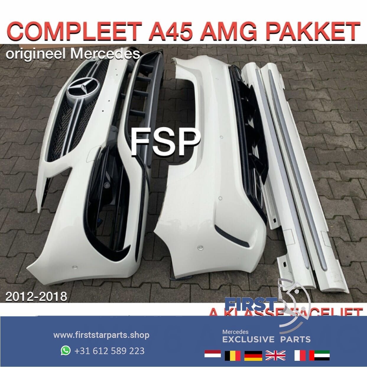 W176 FACELIFT A45 AMG VOORBUMPER + ACHTERBUMPER + ZIJSKIRTS, Gebruikt, -, Ophalen of Verzenden, Bumper