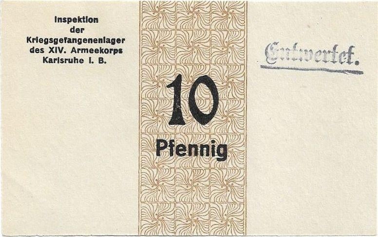 WOI kampgeld Karlsruhe 10 pfennig POW, Postzegels en Munten, Ophalen of Verzenden, Duitsland, Los biljet