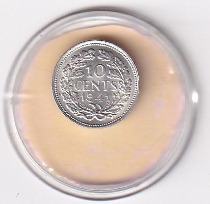 10 Cent 1941 met randtikje, Postzegels en Munten, Munten | Nederland, Verzenden, Zilver, 10 cent, Koningin Wilhelmina
