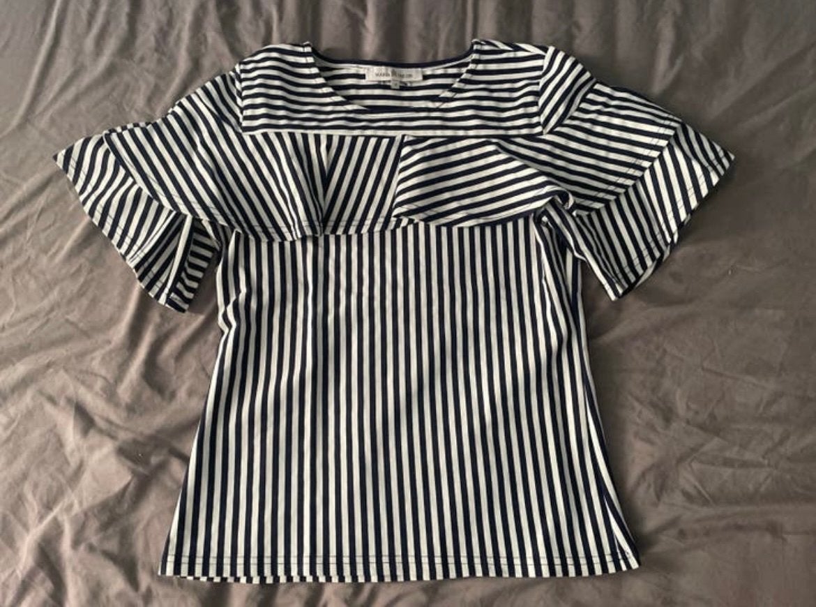 Maria Tailor gestreept shirt met ruches, Blauw, Ophalen of Verzenden, Zo goed als nieuw, Korte mouw