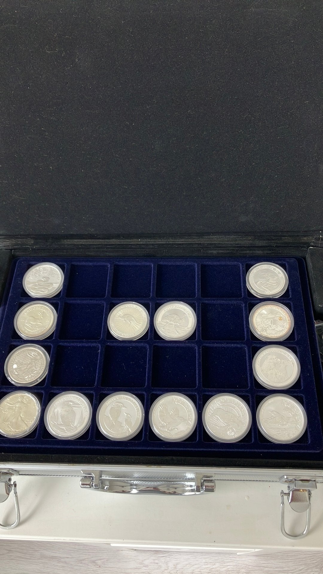 14 zilveren munten van 1 OZ met koffer, Ophalen of Verzenden, Buitenland, Munten