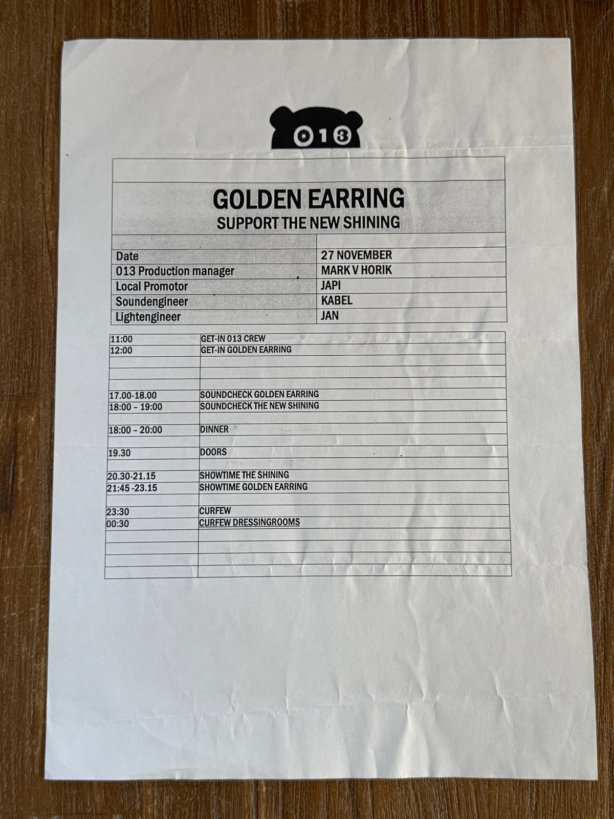Productie sheet Poppodium 013 Golden Earring New Shining ‘09, Ophalen of Verzenden