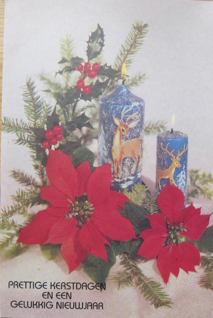 Prettige kerstdagen - twee blauwe kaarsen met herten - 1992, Verzenden, 1980 tot heden, Gelopen, Overige thema's