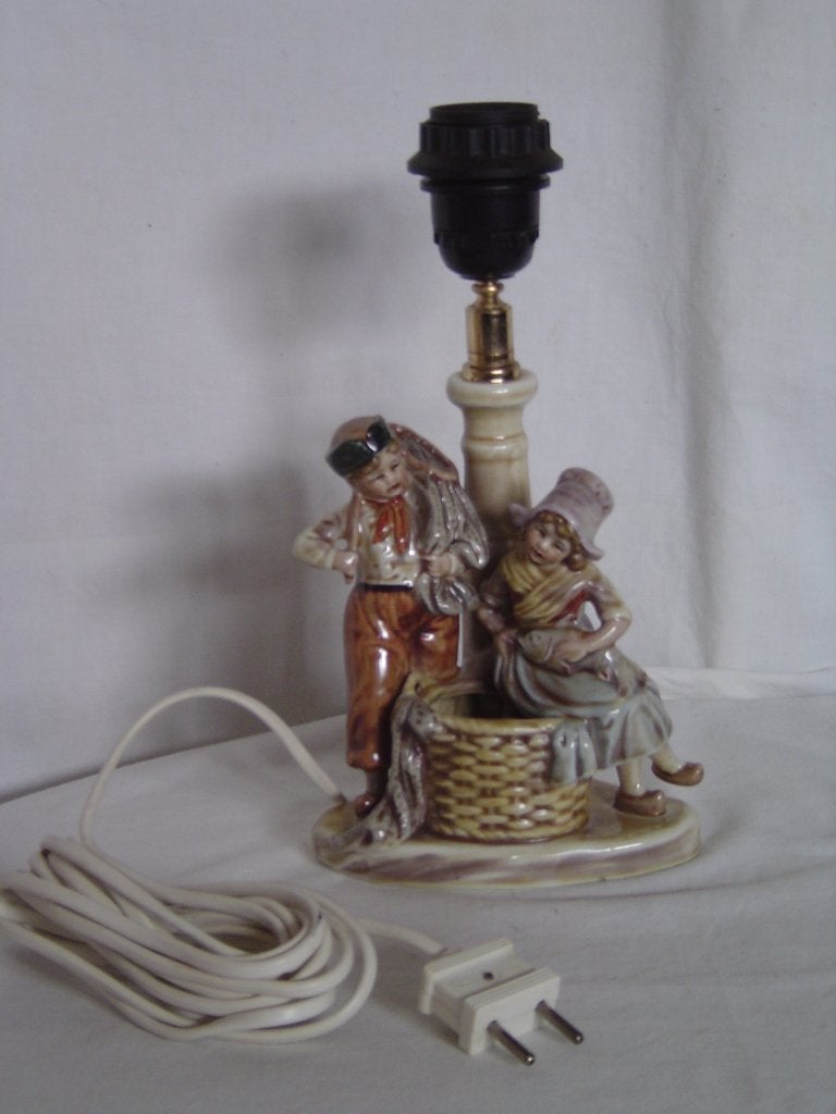 Vintage porseleinen lampenvoetje visser en meisje Germany, Gebruikt, Overige merken, Vintage, 28 cm