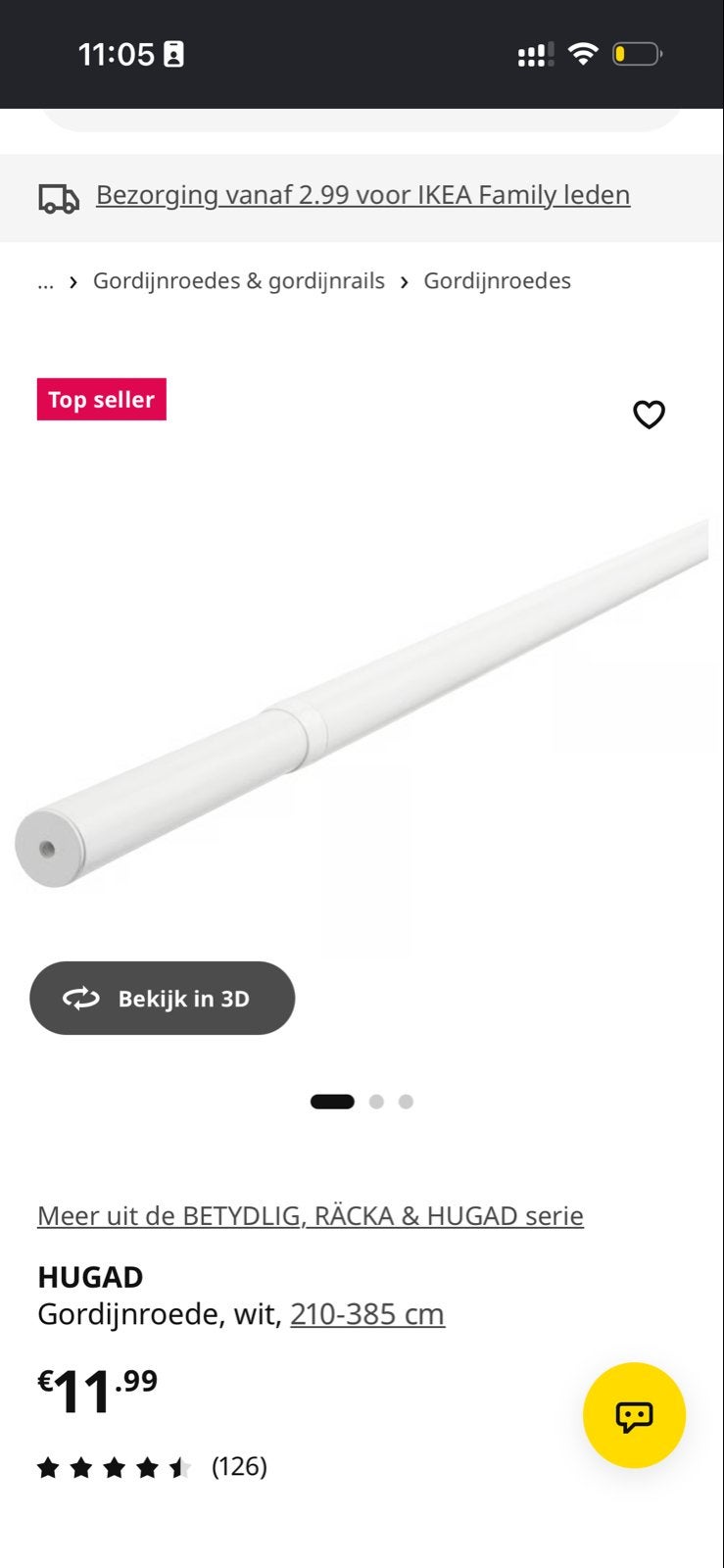 IKEA HUGAD Gordijnroede wit, 210-385 cm met betydlig, Huis en Inrichting, IKEA, Ophalen, Gebruikt, Wit