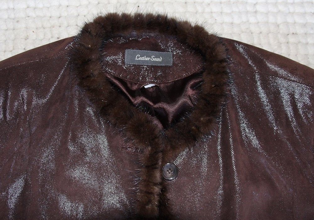 Leren Leather Sound Jas met Mink Bont Rand (L) € 145,-, Kleding | Dames, Jassen | Winter, Bruin, Maat 42/44 (L), Ophalen of Verzenden