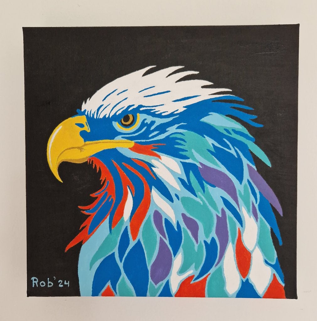 abstracte vogel , zelf geschilderd op doek met acryl, Ophalen