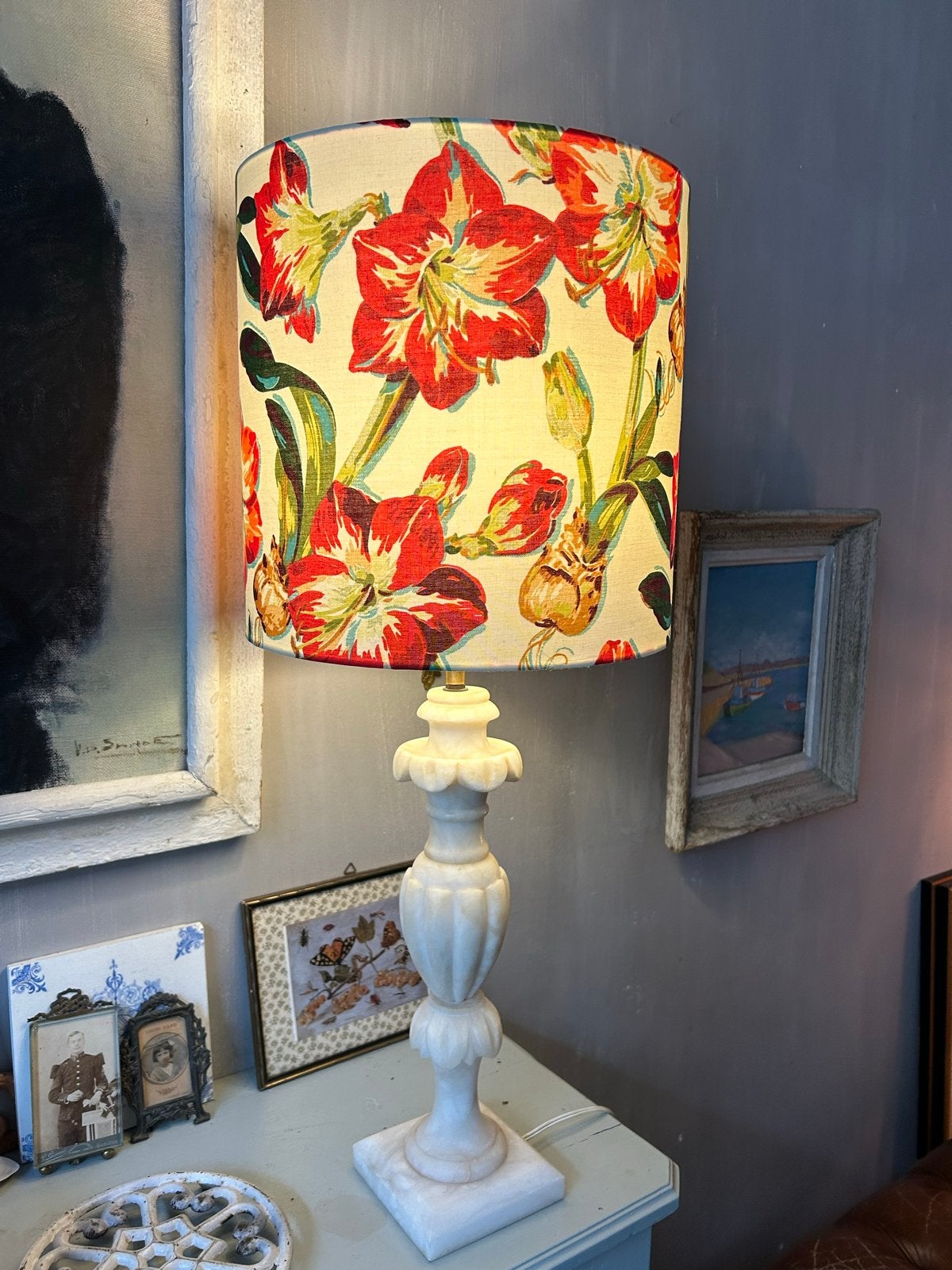 Handgemaakte lampenkap vintage stof met amaryllissen, Ophalen, Vintage, Meerkleurig, Textiel