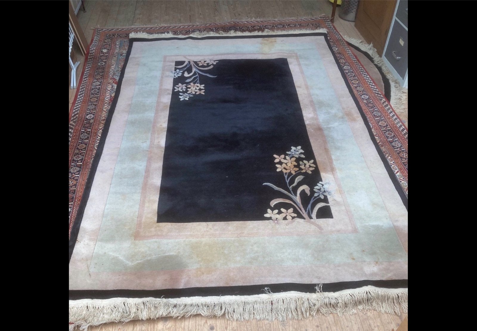 Prachtige handgeknoopte vloerkleden met bloemmotief, Ophalen, Gebruikt, Zwart, 200 cm of meer