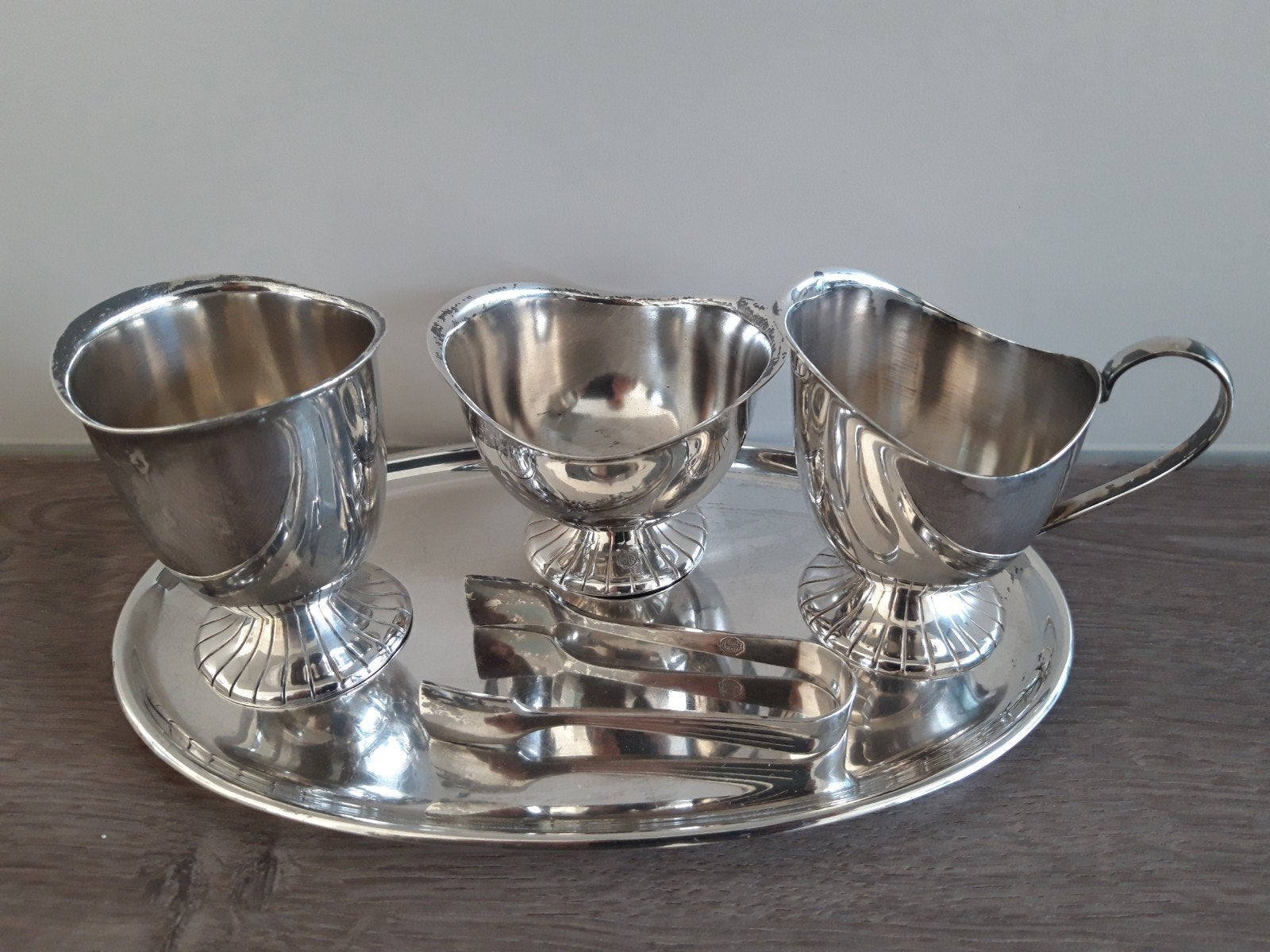 Verzilverde suikerpot, lepelvaasje, roomkan, suikertang, Ophalen of Verzenden, Zilver