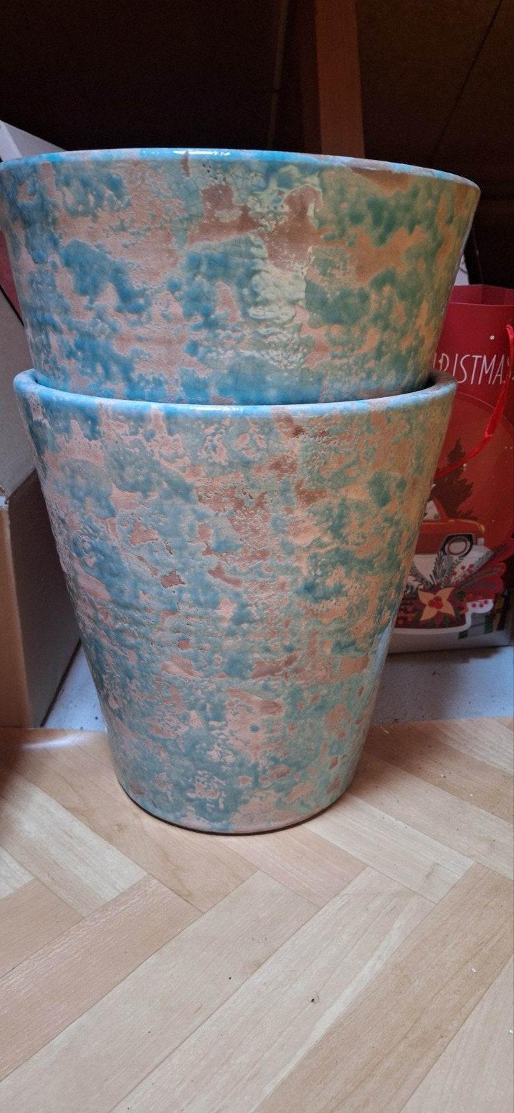 Set van 2 turquoise bloempotten - Gebruikt, 25 tot 40 cm, Gebruikt, Rond, Ophalen of Verzenden
