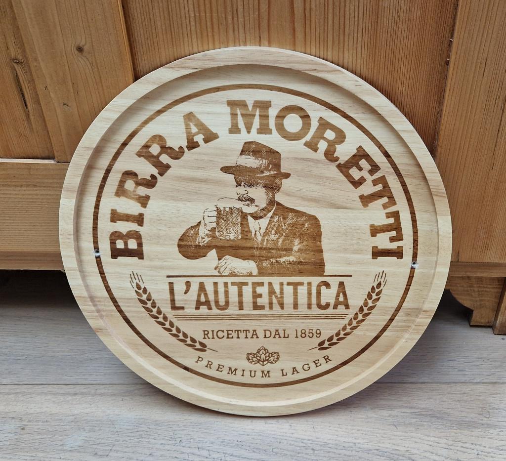 Houten (wand)bord Birra Moretti 30 cm, Ophalen of Verzenden, Zo goed als nieuw, Reclamebord, Plaat of Schild, Overige merken
