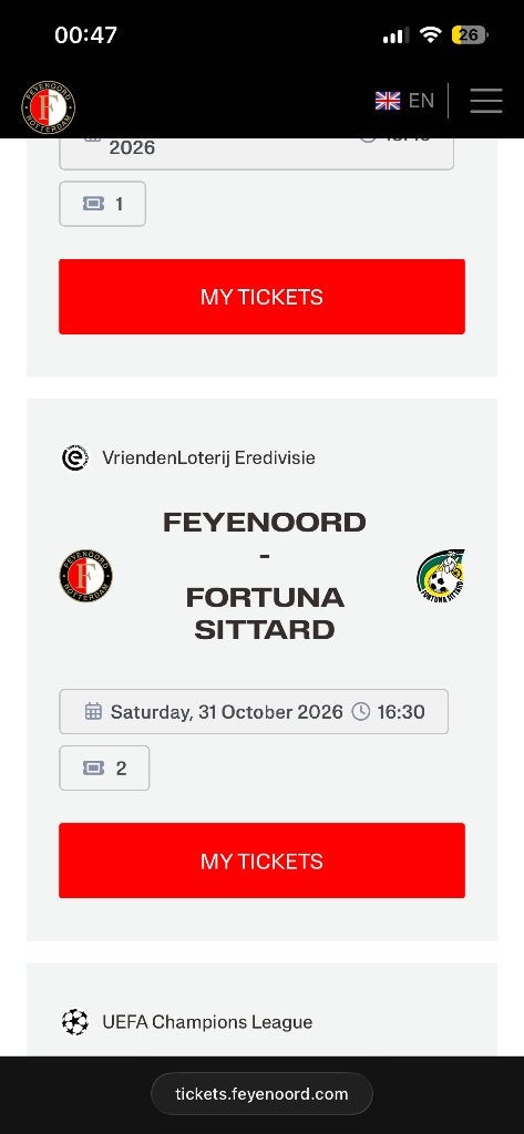 Feyenoord vs sittard 31-10-2026 W2 2tickets, Ophalen, Nieuw, Feyenoord