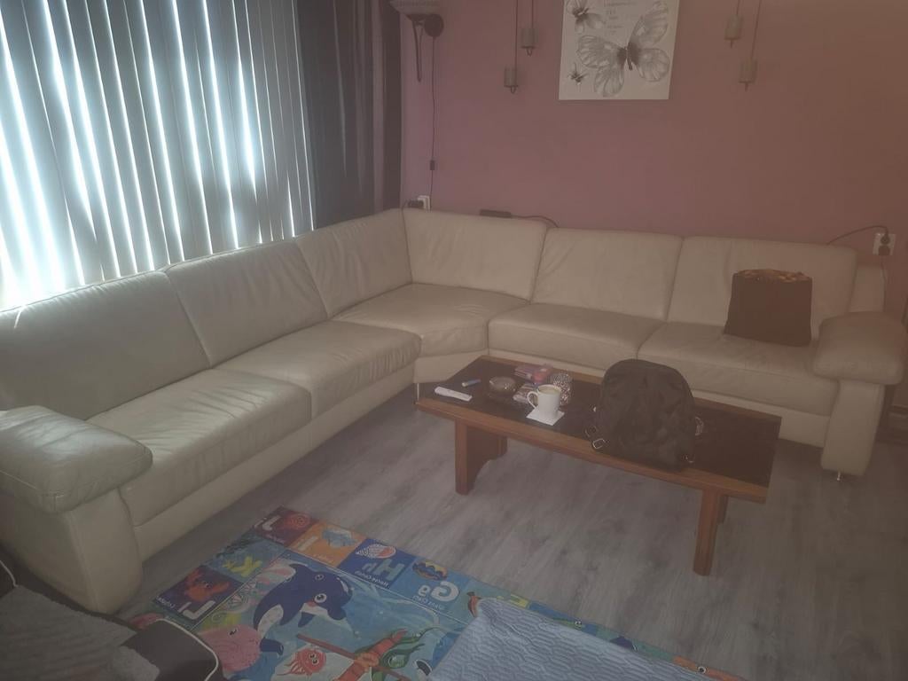 Leren crème kleurige hoekbank, Ophalen, Gebruikt