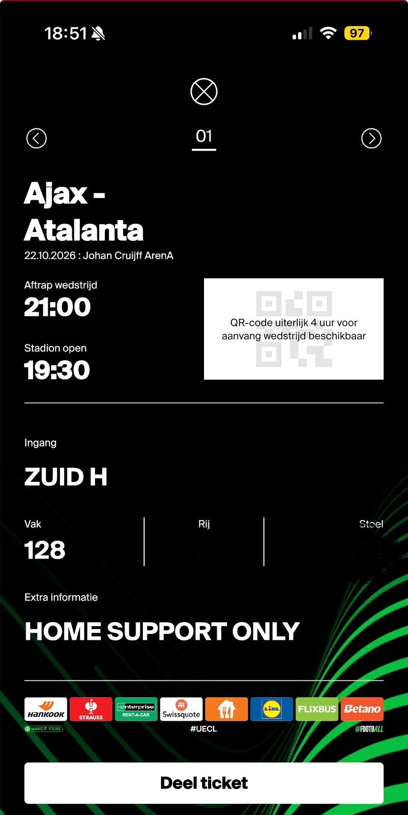 Aax passe partout fside 1x, Tickets en Kaartjes, Losse kaart, Eén persoon, September, Europa of Champions League