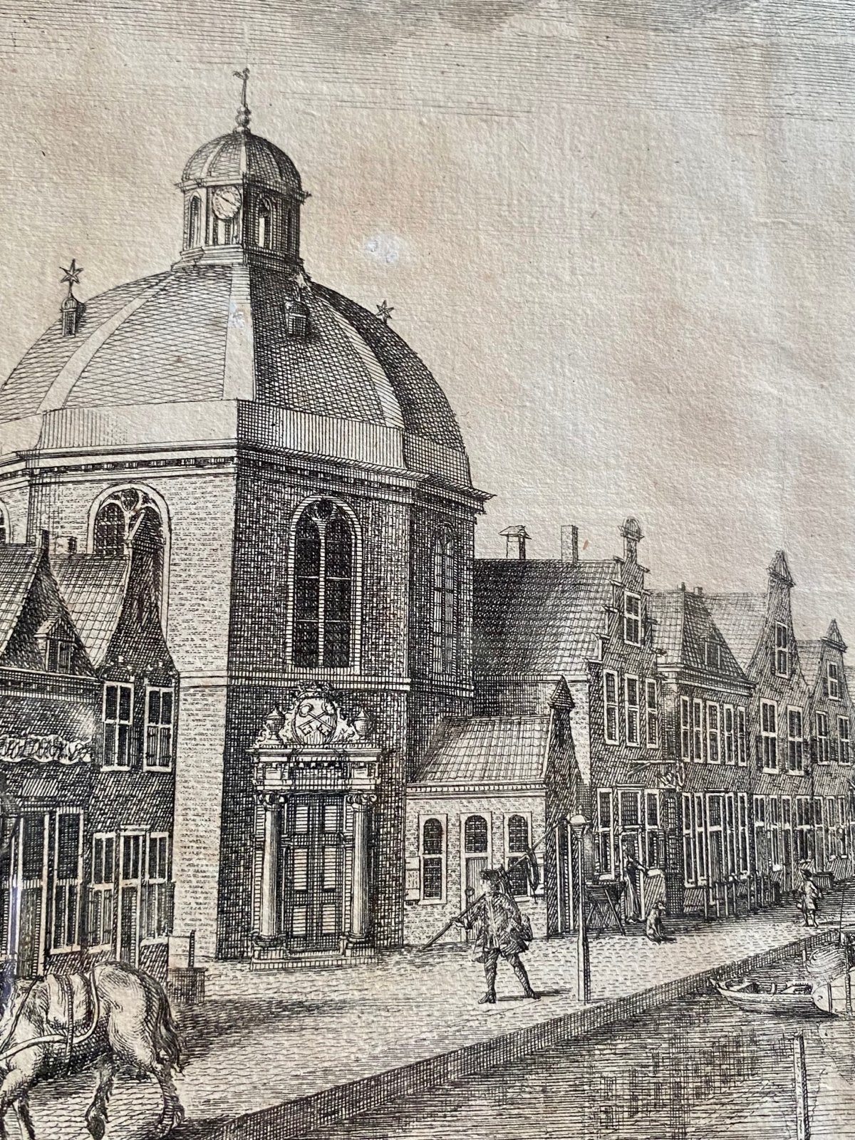 Gezicht van den Leydschendam, gravure uit 1755, Ingelijst, Verzenden, Stadsgezicht, Gravure