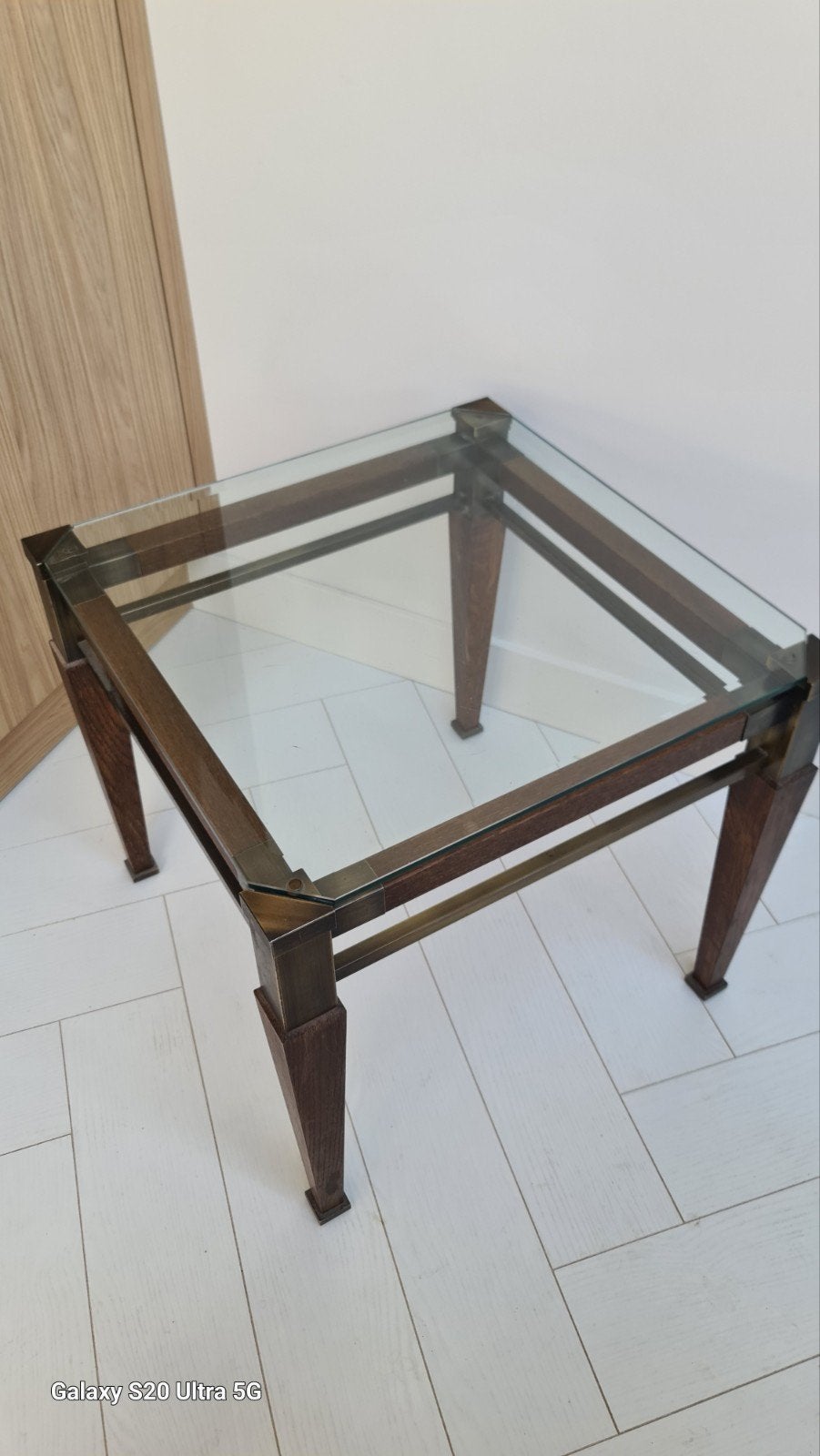 Stijlvolle bijzettafel met glas en hout, Minder dan 45 cm, Minder dan 55 cm, Gebruikt, Vierkant