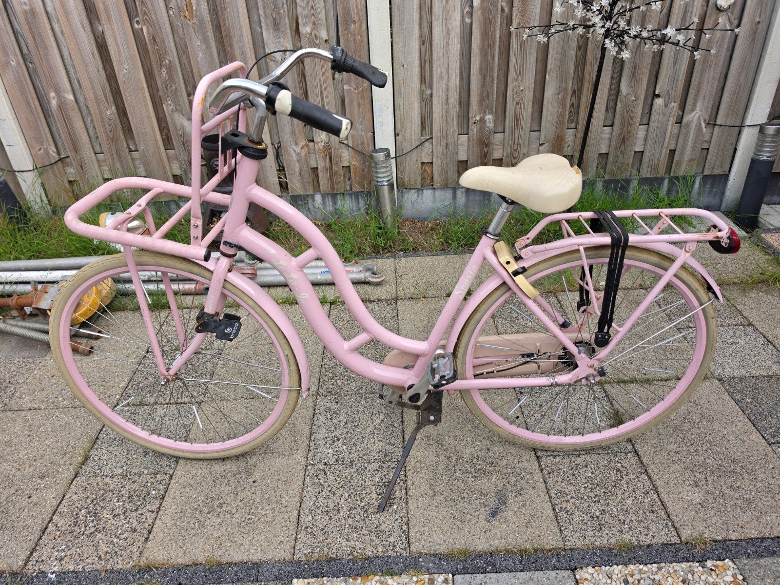 Roze transportfiets met voordrager en terugtraprem, Fietsen en Brommers, Fietsen | Dames | Damesfietsen, Terugtraprem, 50 tot 53 cm