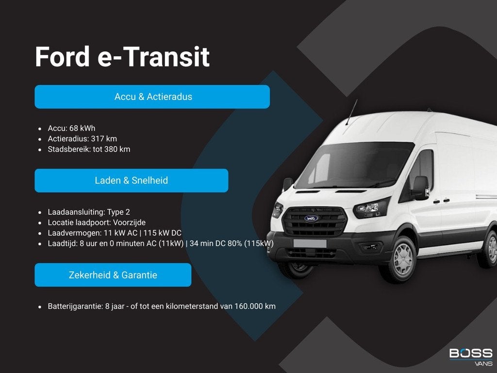 Ford E-Transit 68kWh 184PK L4H3 317km WLTP 95.3% (SOH) BEV S, Auto's, Automaat, Achterwielaandrijving, Gebruikt, 2703 kg